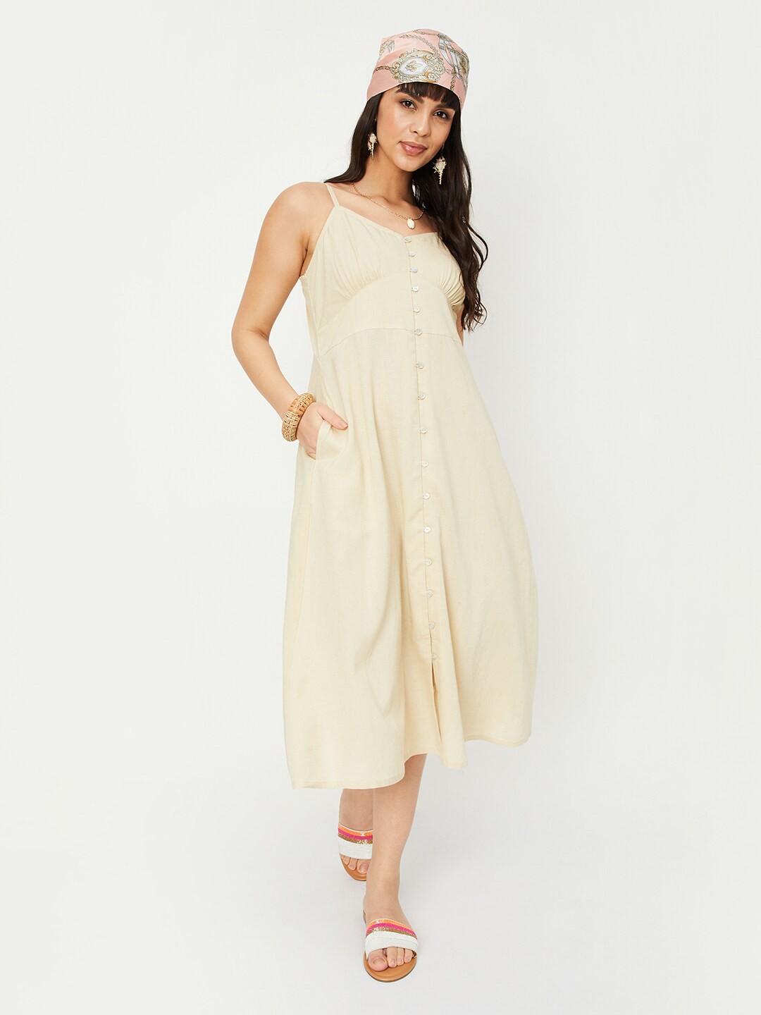 

max Shoulder Straps Smocked A-Line Midi Dress, Beige