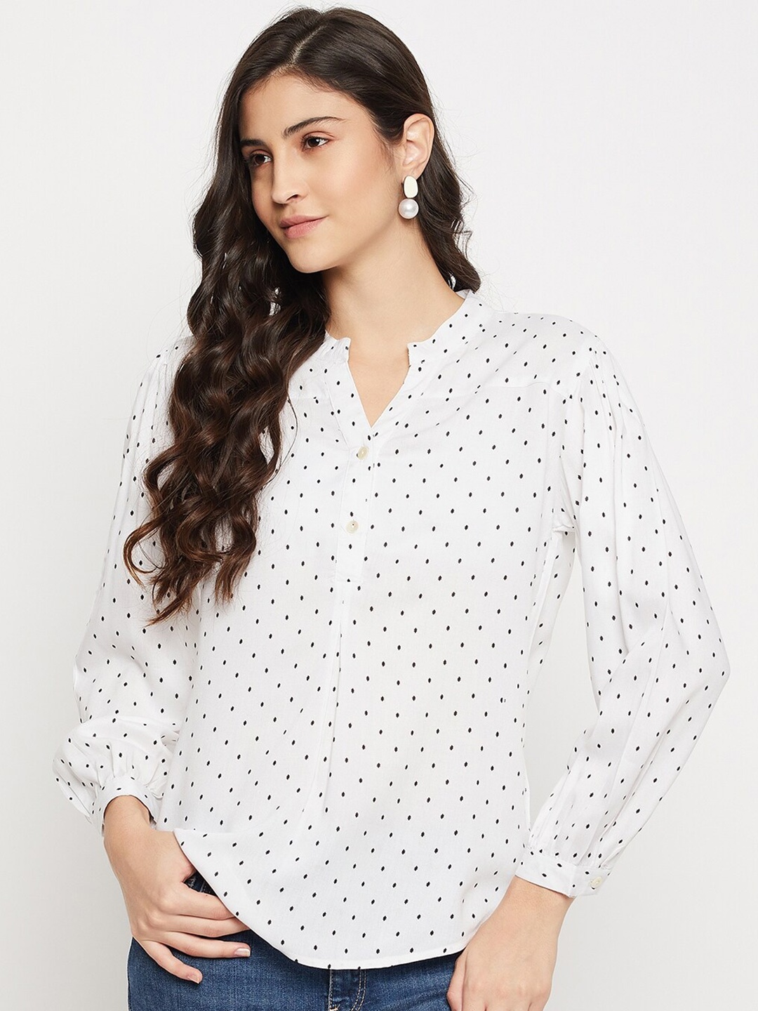 

Ruhaans Ethnic Motifs Printed Mandarin Collar Shirt Style Top, White