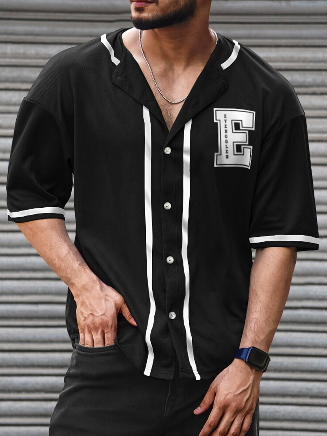 

Eyebogler Typography Printed V-Neck Loose Cotton T-shirt, Black