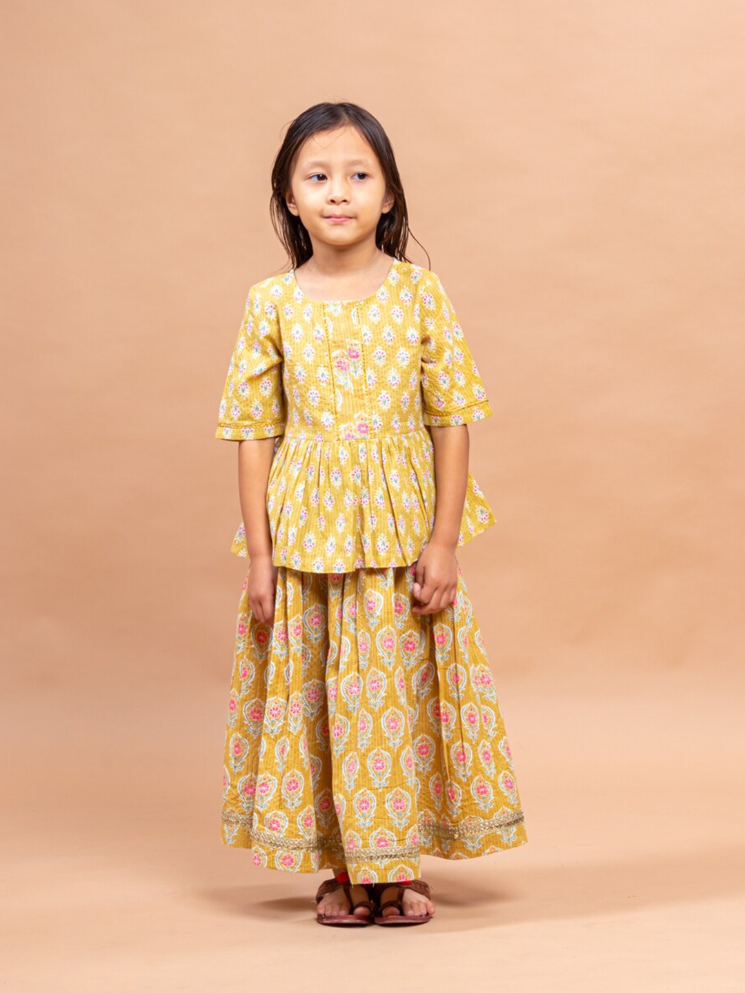 

Sangria Girls Ethnic Motifs Printed Pure Cotton Lehenga Choli, Mustard
