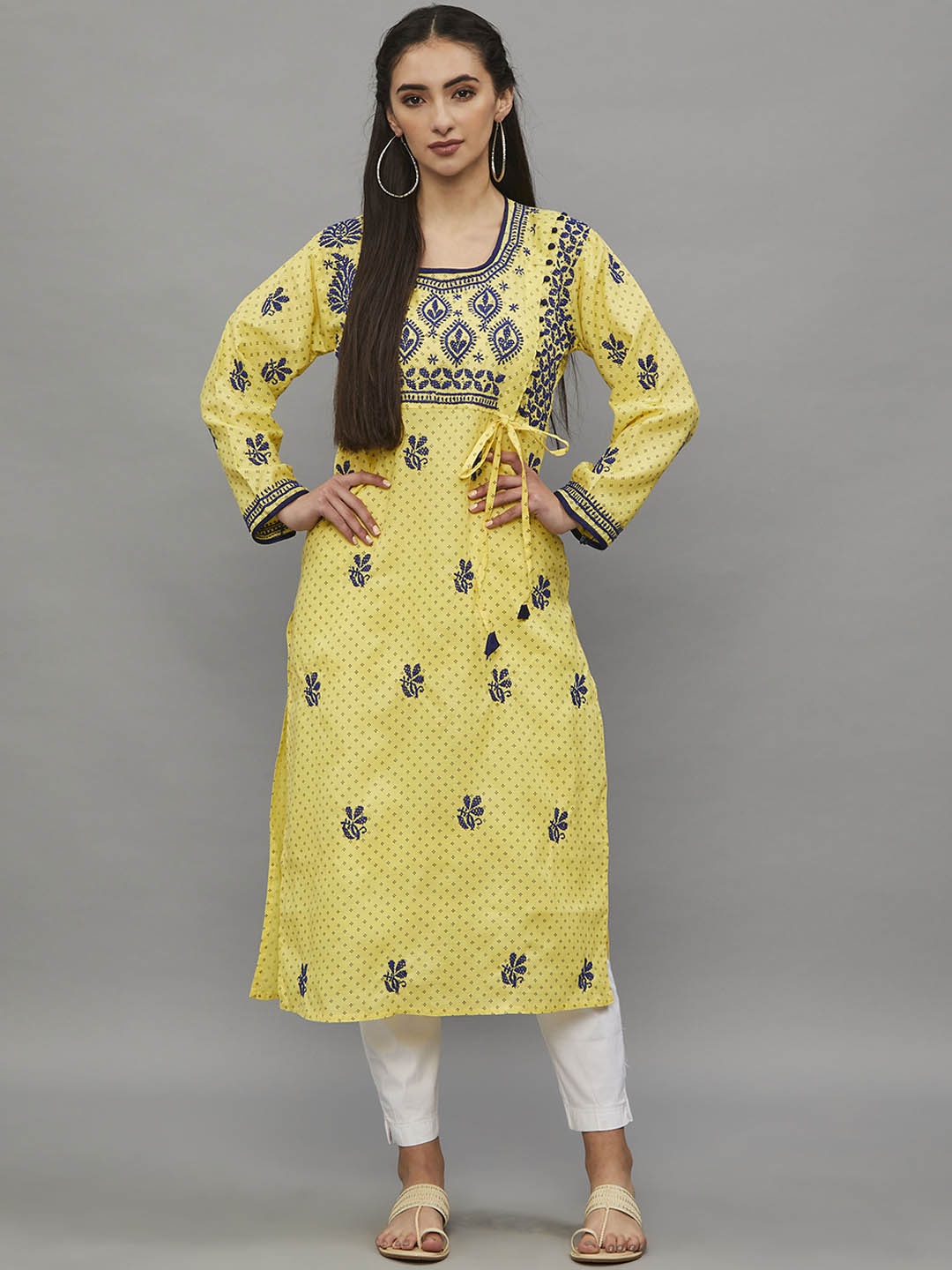 

Ethnava Ethnic Motifs Embroidered Round Neck Cotton Angrakha Kurta, Yellow