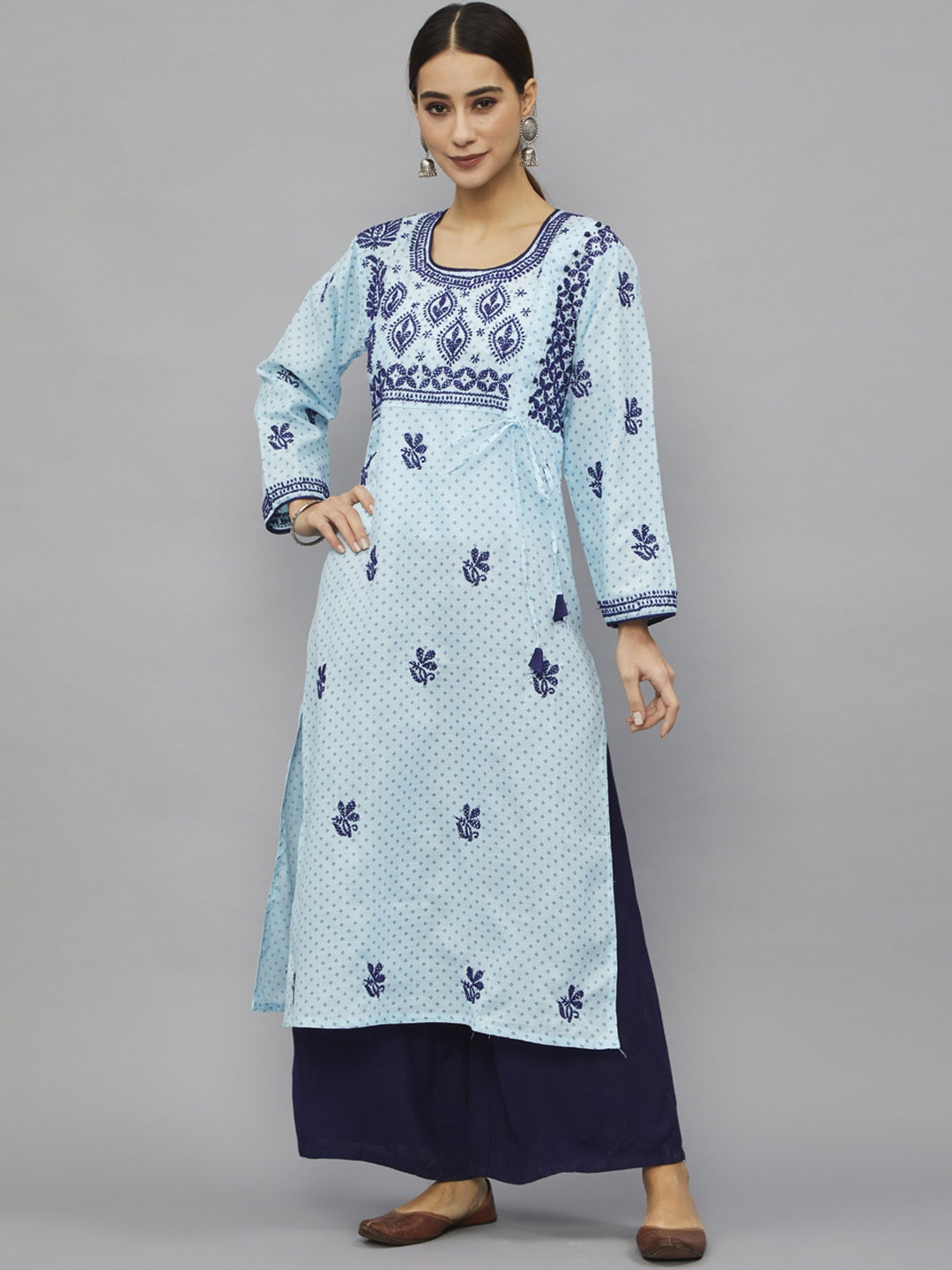 

Ethnava Ethnic Motifs Embroidered Round Neck Cotton Angrakha Kurta, Blue