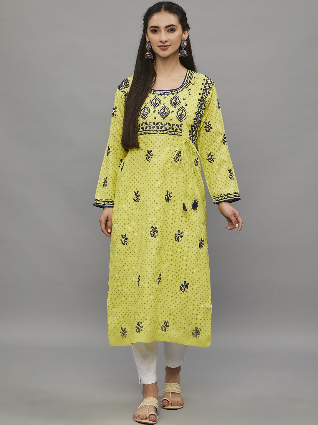 

Ethnava Ethnic Motifs Embroidered Round Neck Cotton Angrakha Kurta, Green
