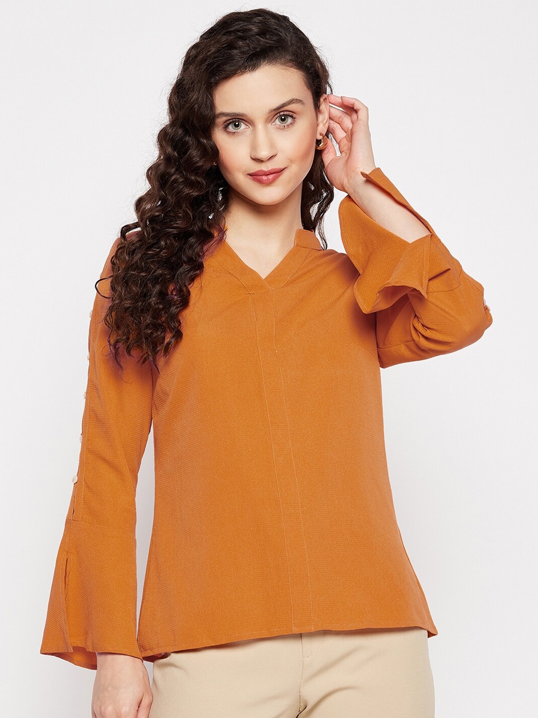 

STYLE BLUSH V-Neck Bell Sleeve Crepe Top, Black