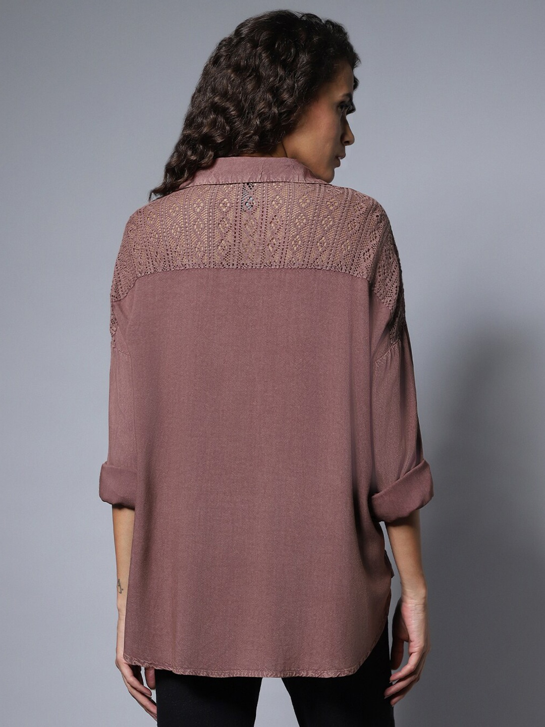 

High Star Cotton Spread Collar Long Sleeves Solid Oversized Longline Shirt, Brown