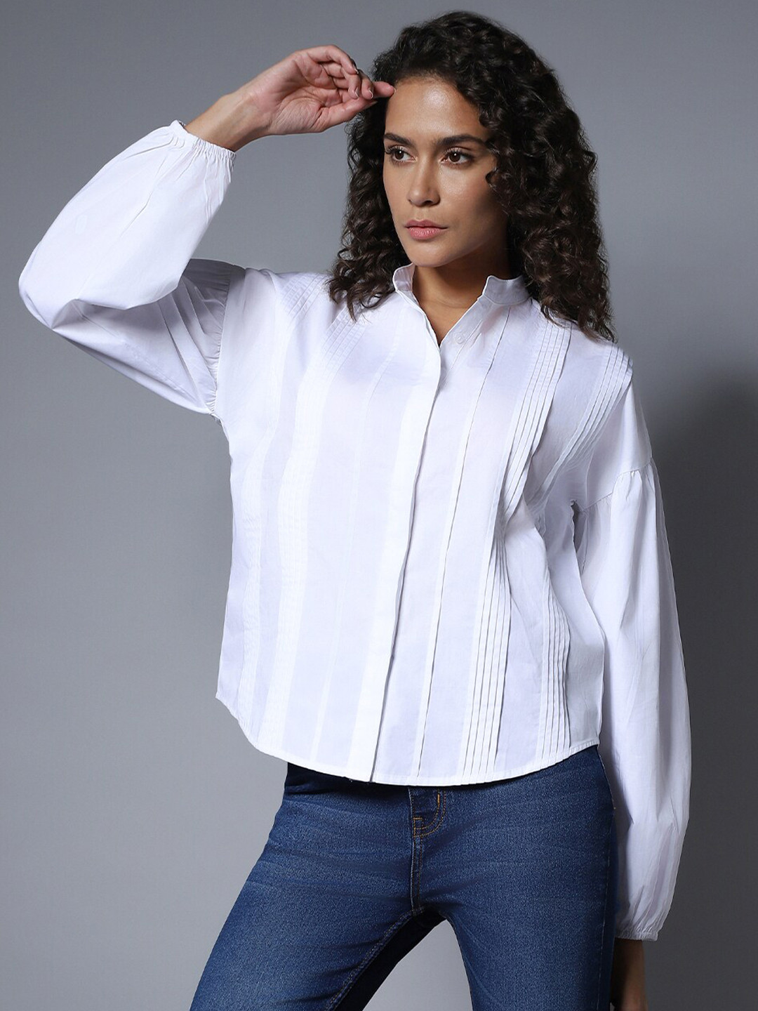 

High Star Cotton Mandarin Collar Long Sleeves Solid Boxy Regular Shirt, White