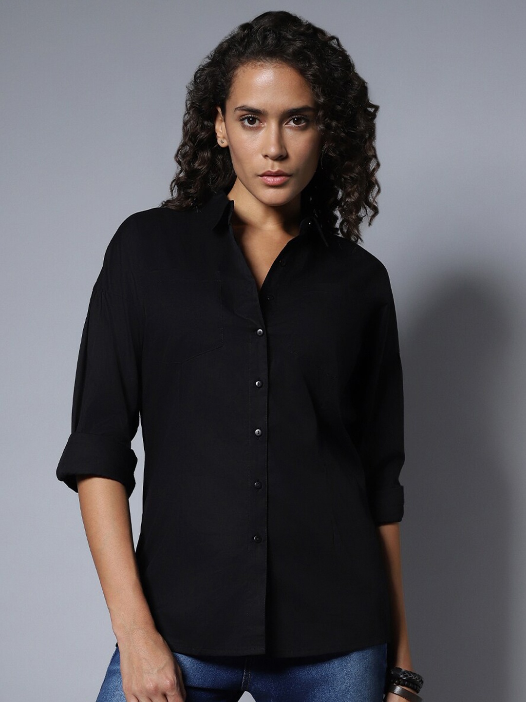 

High Star Cotton Spread Collar Long Sleeves Solid Regular Longline Shirts, Black