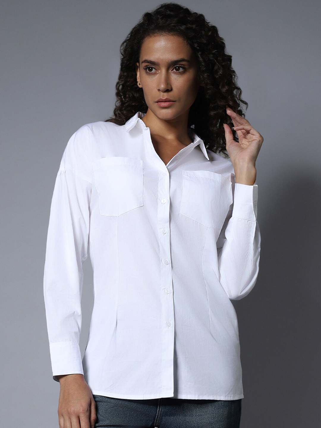 

High Star Cotton Spread Collar Long Sleeves Solid Regular Longline Shirts, White