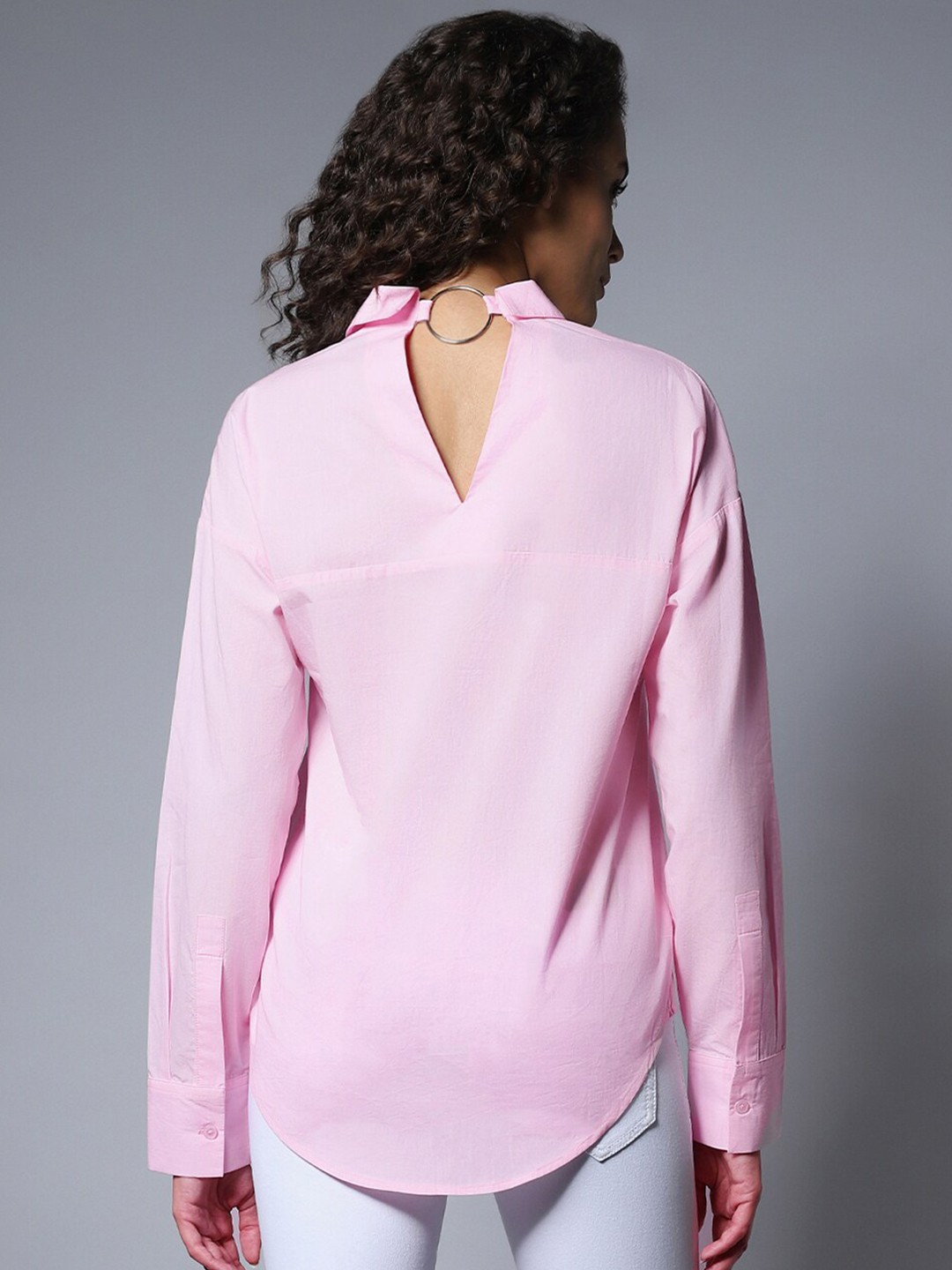 

High Star Solid Full Sleeves Shirt Style Top, Pink