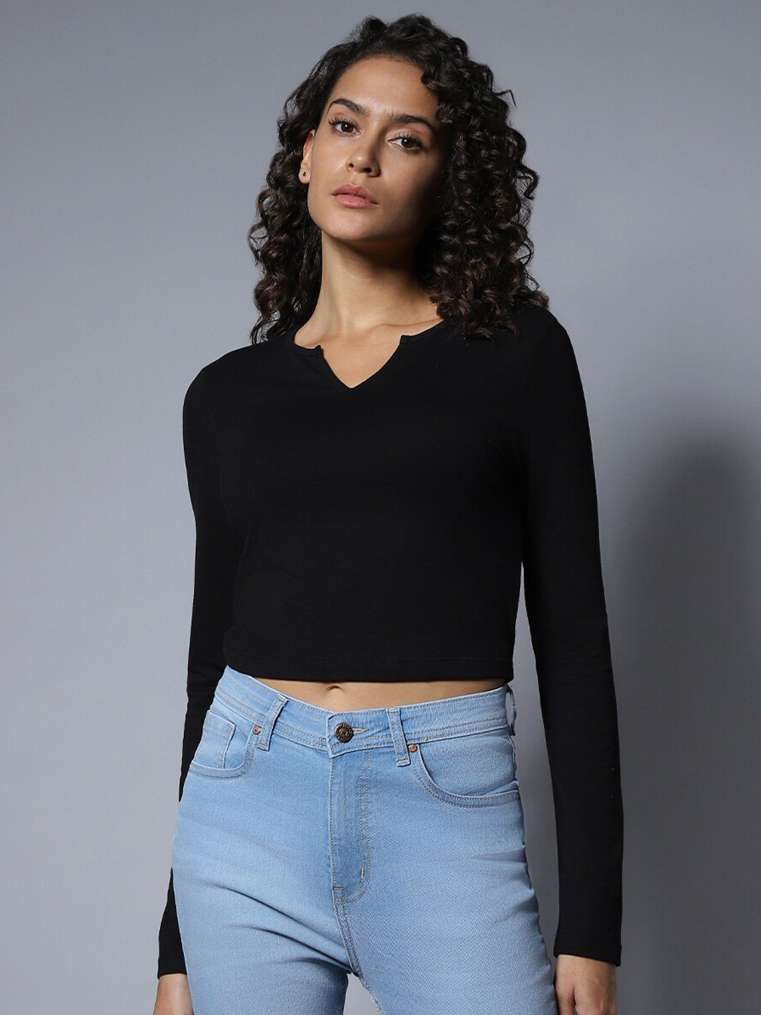 

High Star V-Neck Full Sleeves Soild Tops, Black