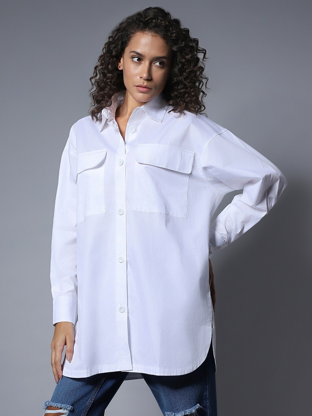 

High Star Cotton Spread Collar Long Sleeves Solid oversized longline Shirt, White