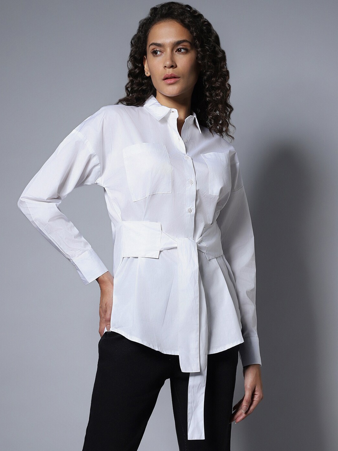 

High Star Cotton Spread Collar Long Sleeves Solid Boxy Longline Shirts, White
