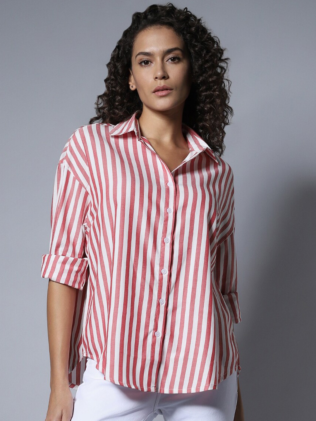 

High Star Cotton Spread Collar Long Sleeves Solid Boxy Longline Shirts, White