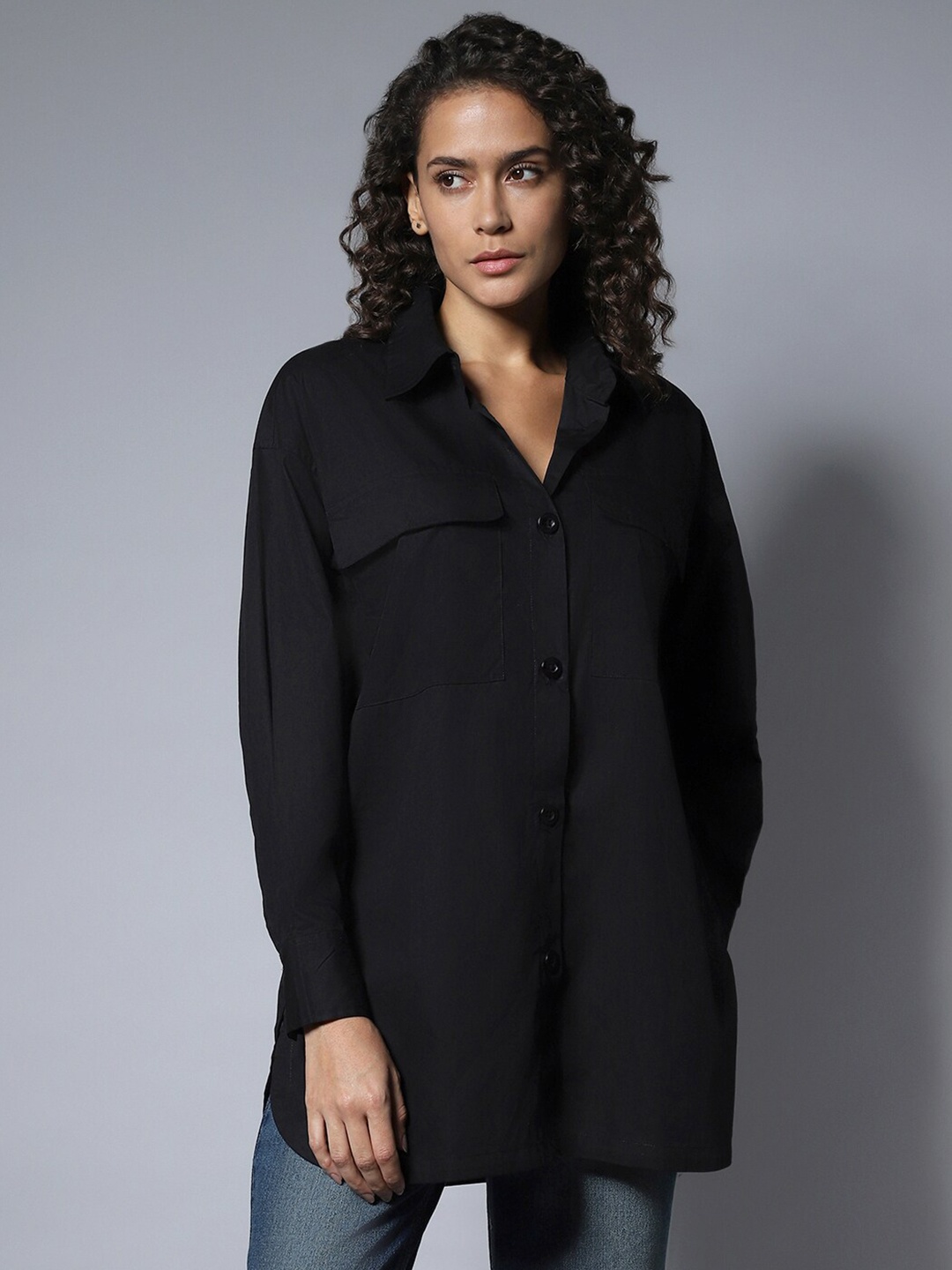 

High Star Cotton Spread Collar Long Sleeves Solid oversized longline Shirts, Black