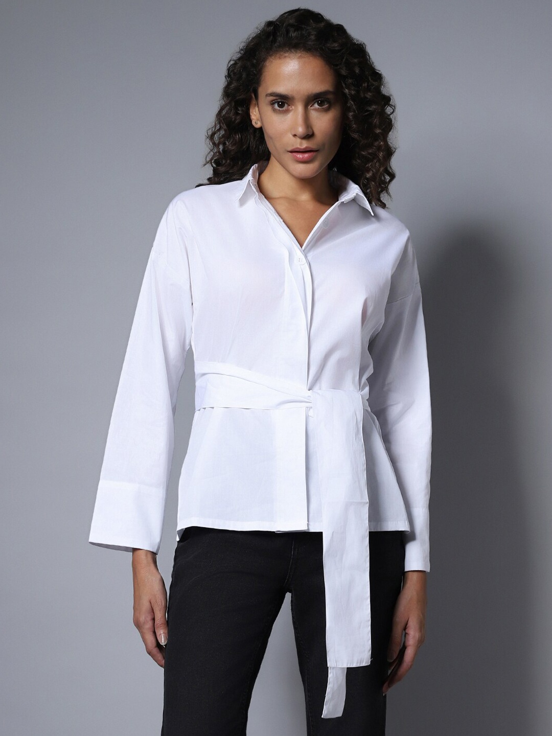 

High Star Cotton Spread Collar Long Sleeves Solid Boxy Regular Shirt, White