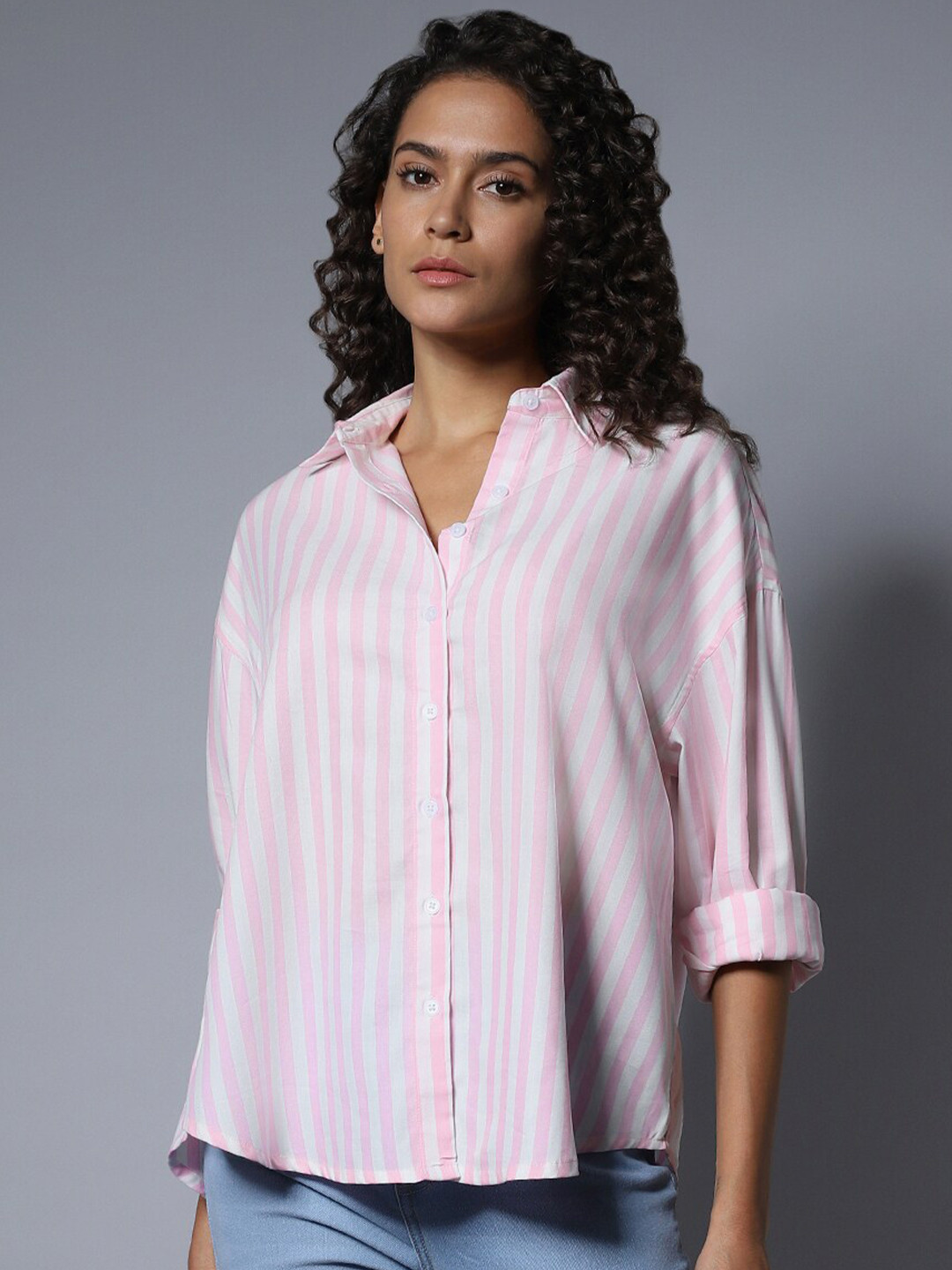 

High Star Cotton Spread Collar Long Sleeves Solid Boxy Longline Shirt, White