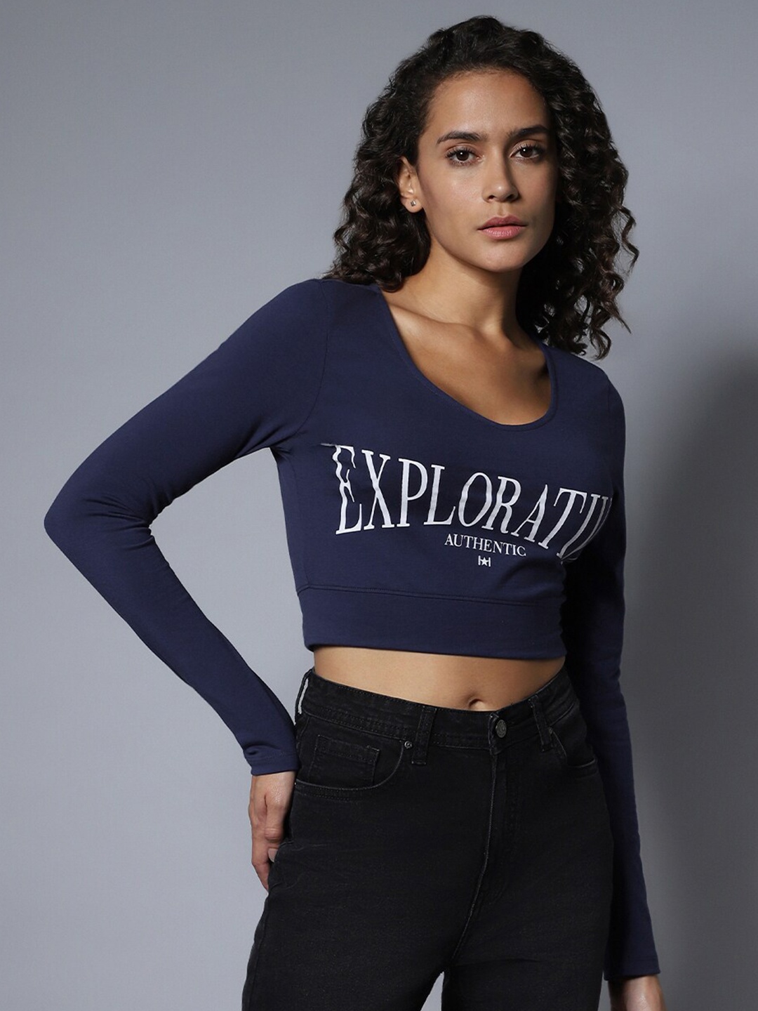 

High Star V-Neck Full sleeves Printed Tops, Navy blue