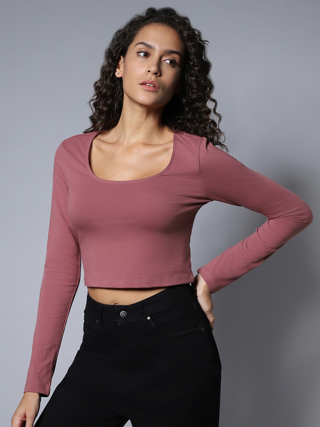 

High Star Solid Square Neck Full Sleeves Top, Pink