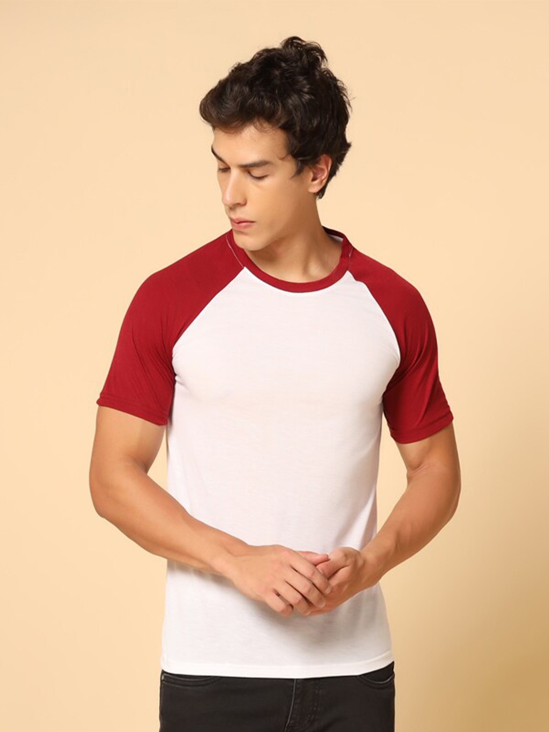 

INKKR Round Neck Raglan Sleeves Cotton T-shirt, White