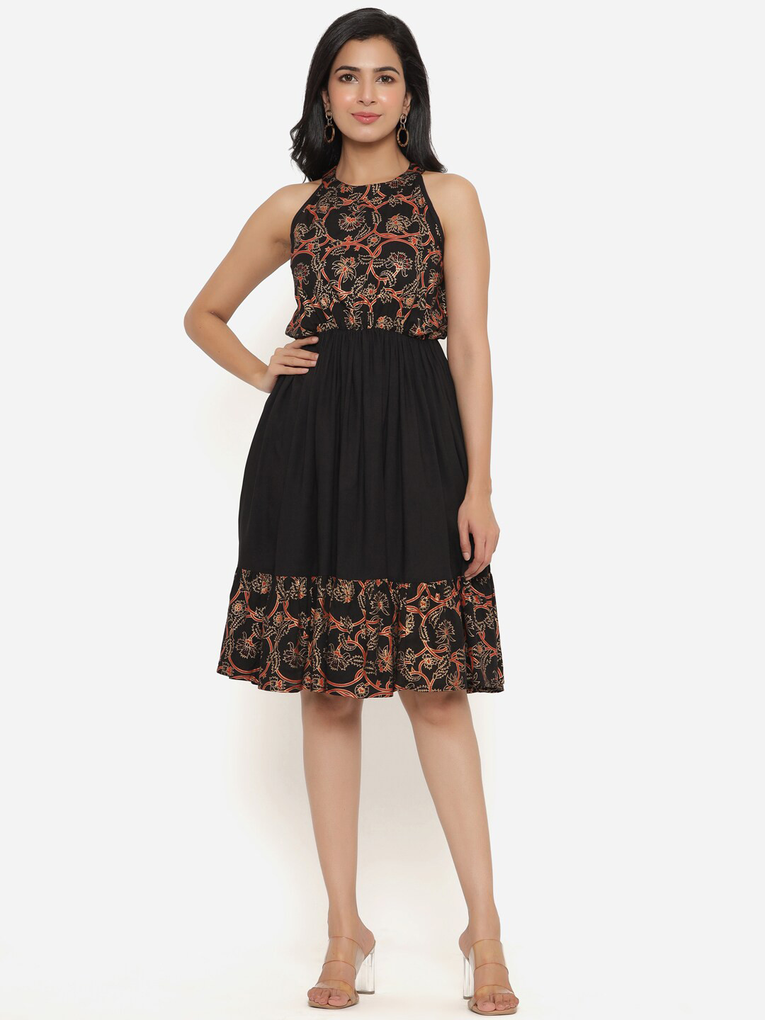

DK FAB Floral Printed Round Neck Fit & Flare Dress, Black