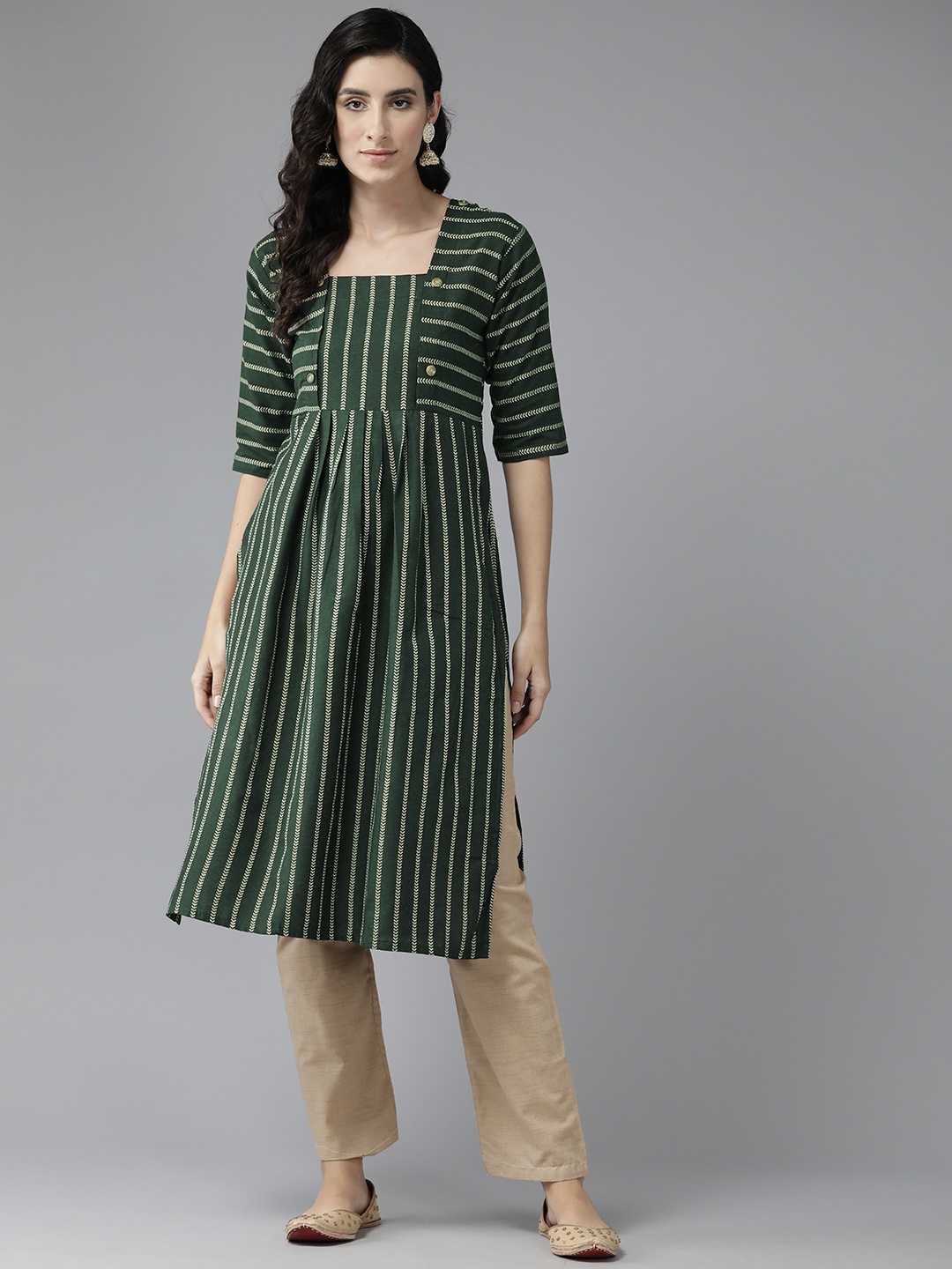 

Aarika Women Striped Regular Pure Cotton Kurta with Trousers, Green