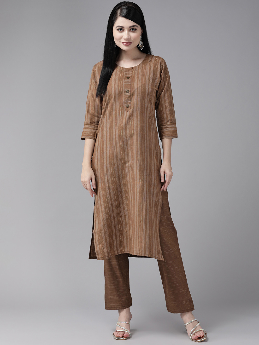 

Aarika Women Striped Regular Pure Cotton Kurta with Trousers, Brown