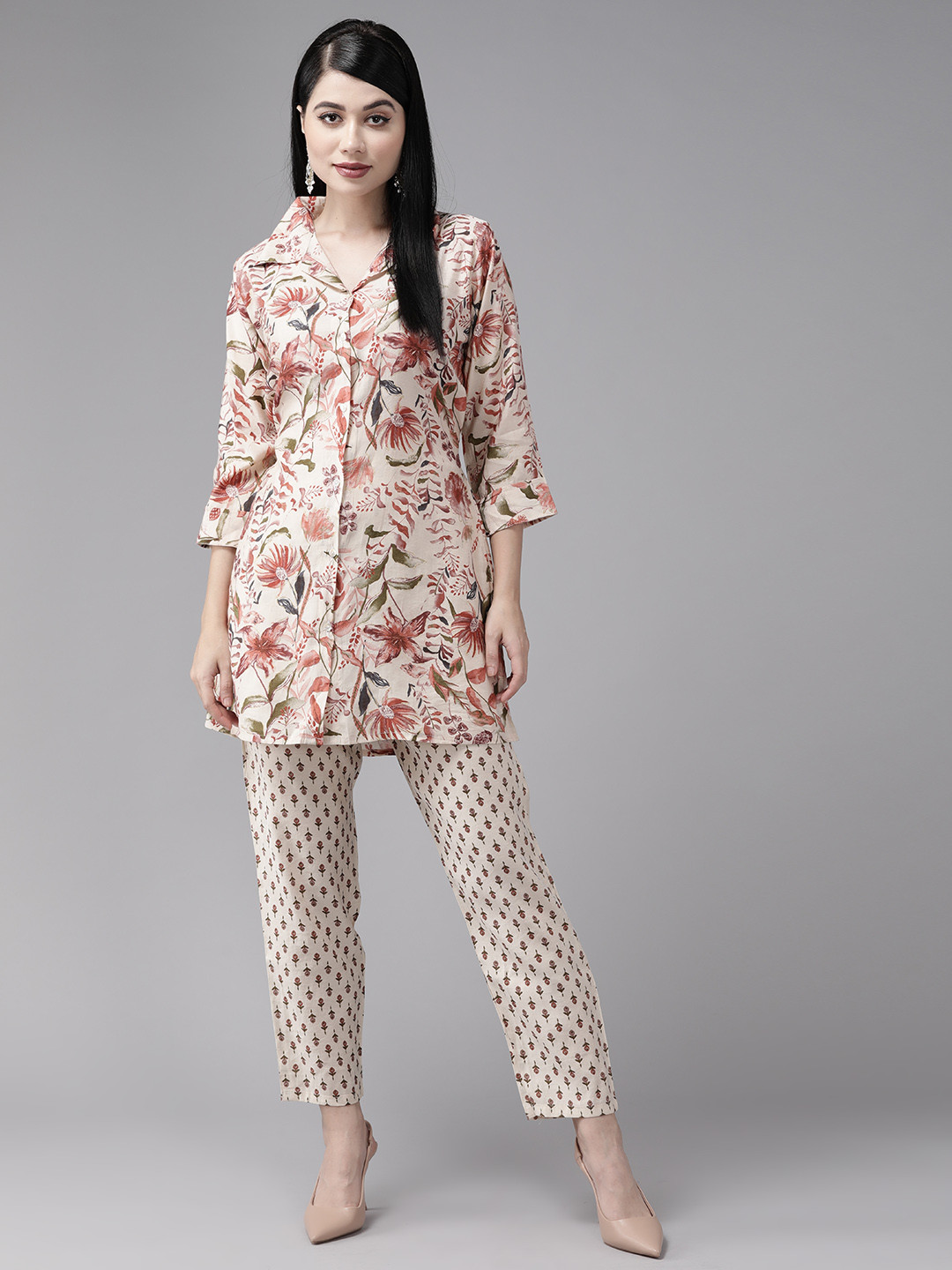 

Aarika Women Floral Printed Regular Pure Cotton Kurta with Trousers, Cream