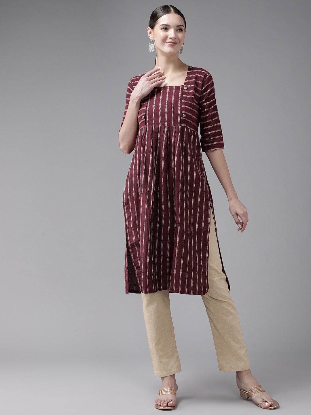 

Aarika Women Striped Regular Pure Cotton Kurta with Trousers, Burgundy