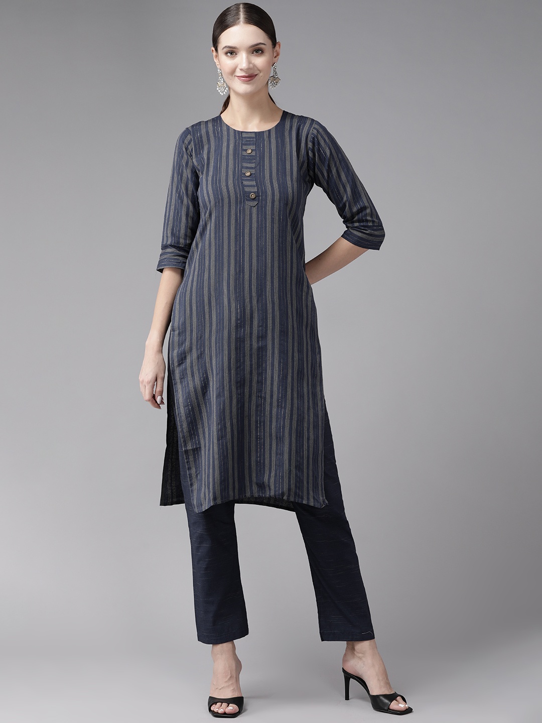 

Aarika Women Striped Regular Pure Cotton Kurta with Trousers, Navy blue