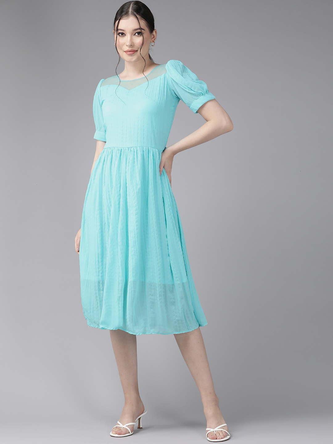 

Aarika Turquoise Blue Puff Sleeve Georgette A-Line Midi Dress