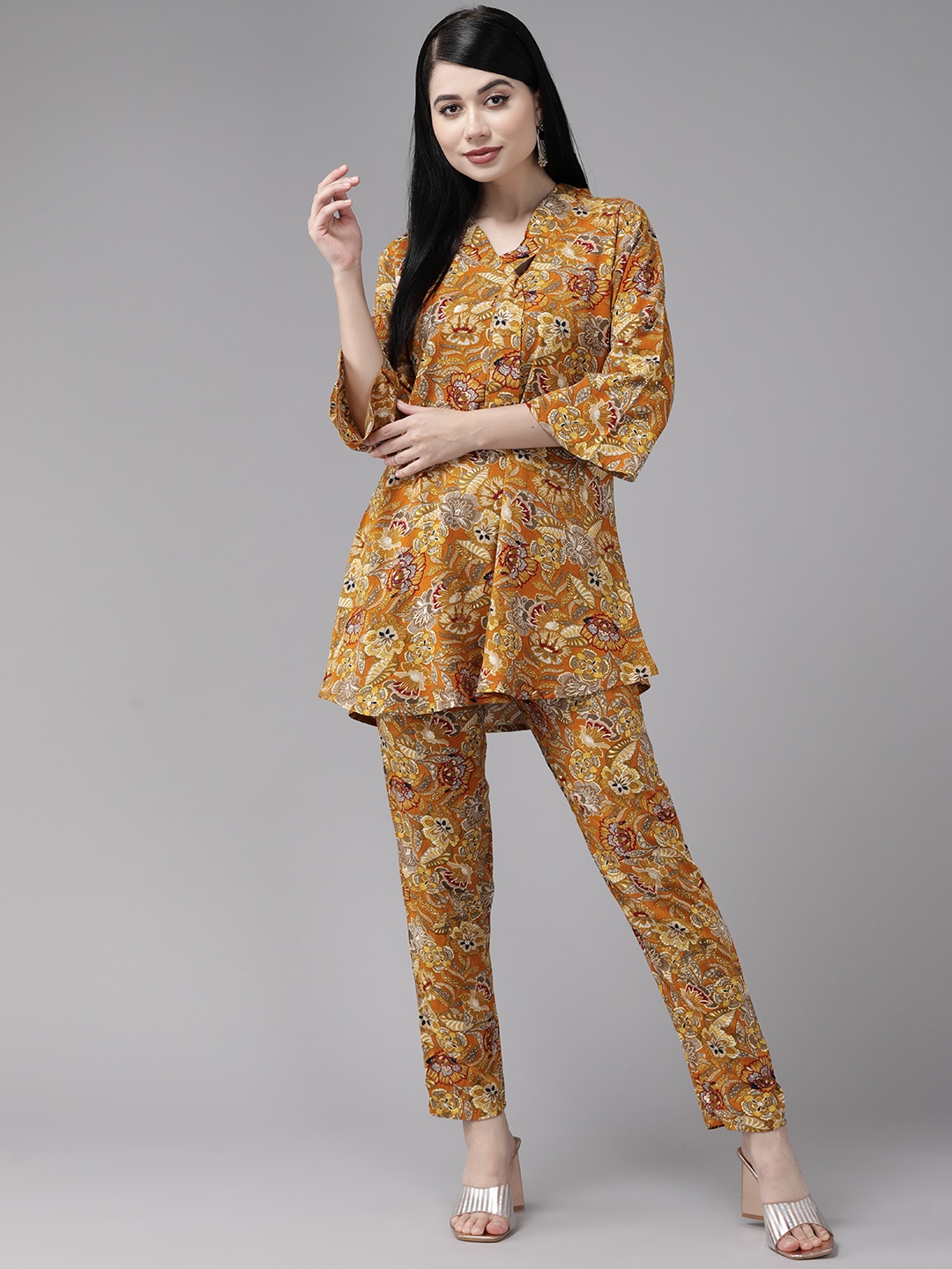 

Aarika Women Mustard Yellow Floral Printed Regular Pure Cotton Kurta with Palazzos