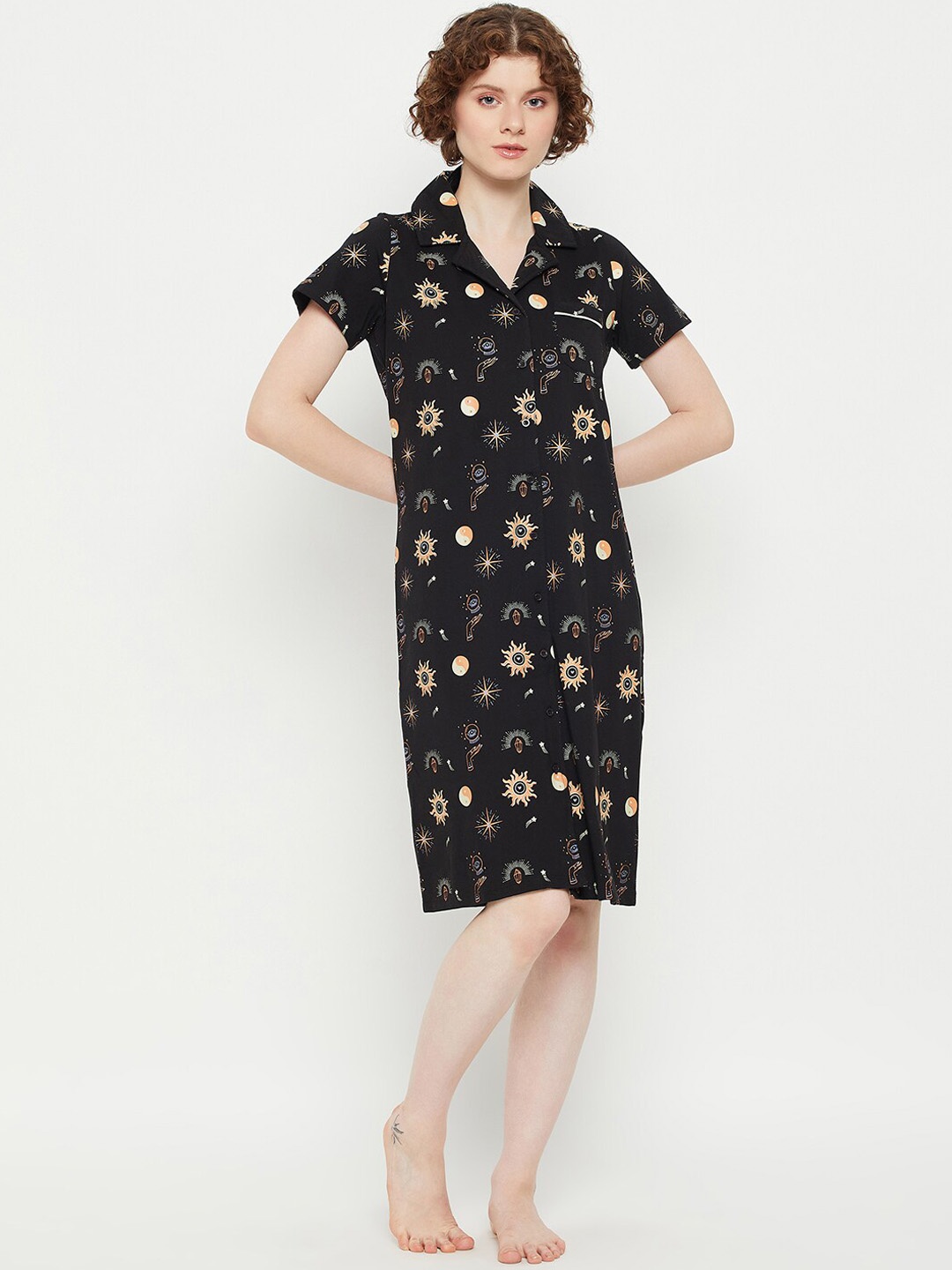 

MADAME M SECRET Printed Knee Length Nightdress, Black
