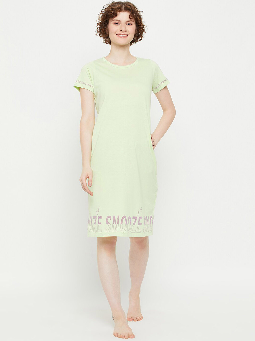 

MADAME M SECRET Typography Printed Detail Knee Length T-Shirt Nightdress, Lime green