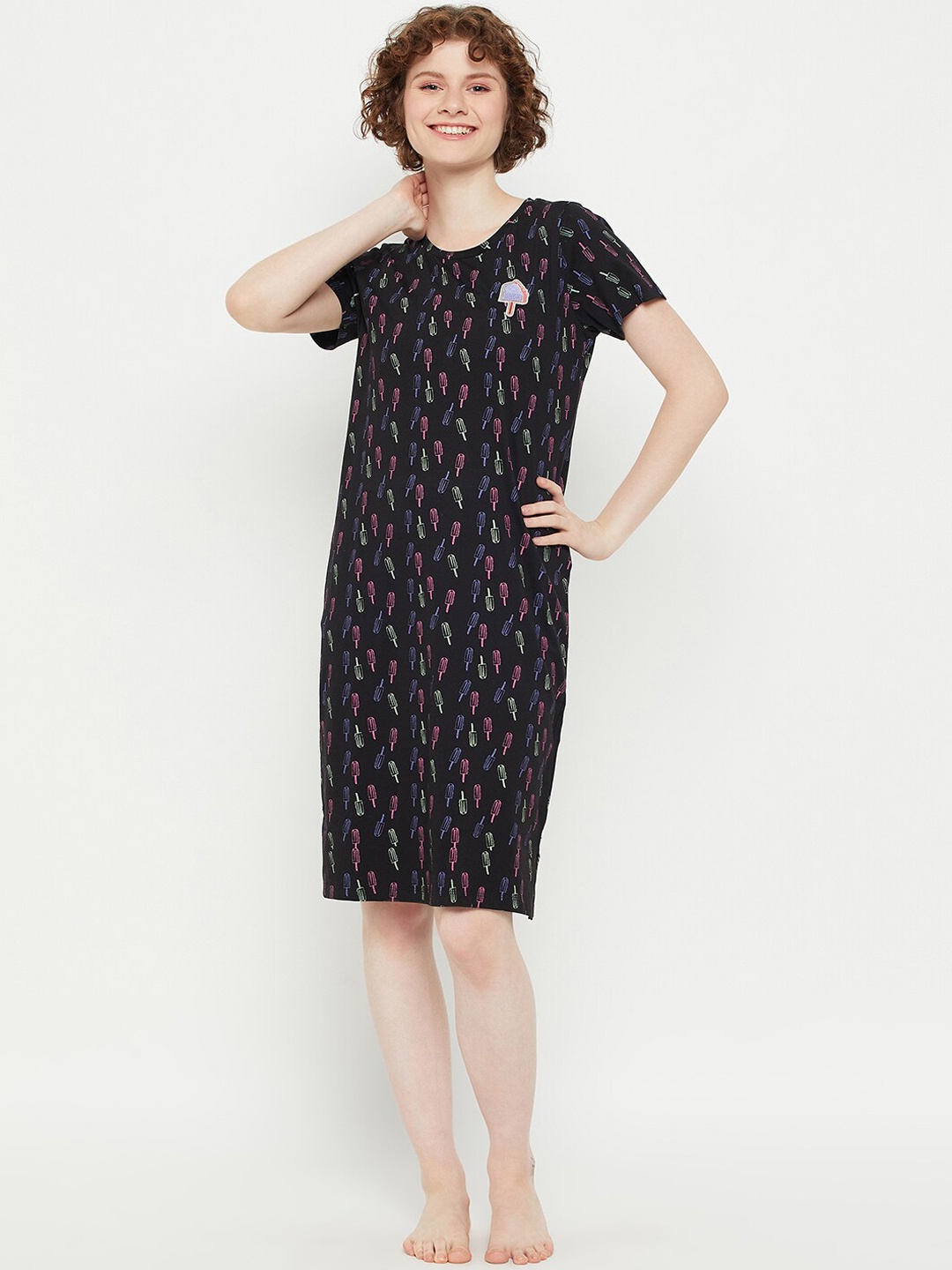 

MADAME M SECRET Printed Pure Cotton T-shirt Nightdress, Black