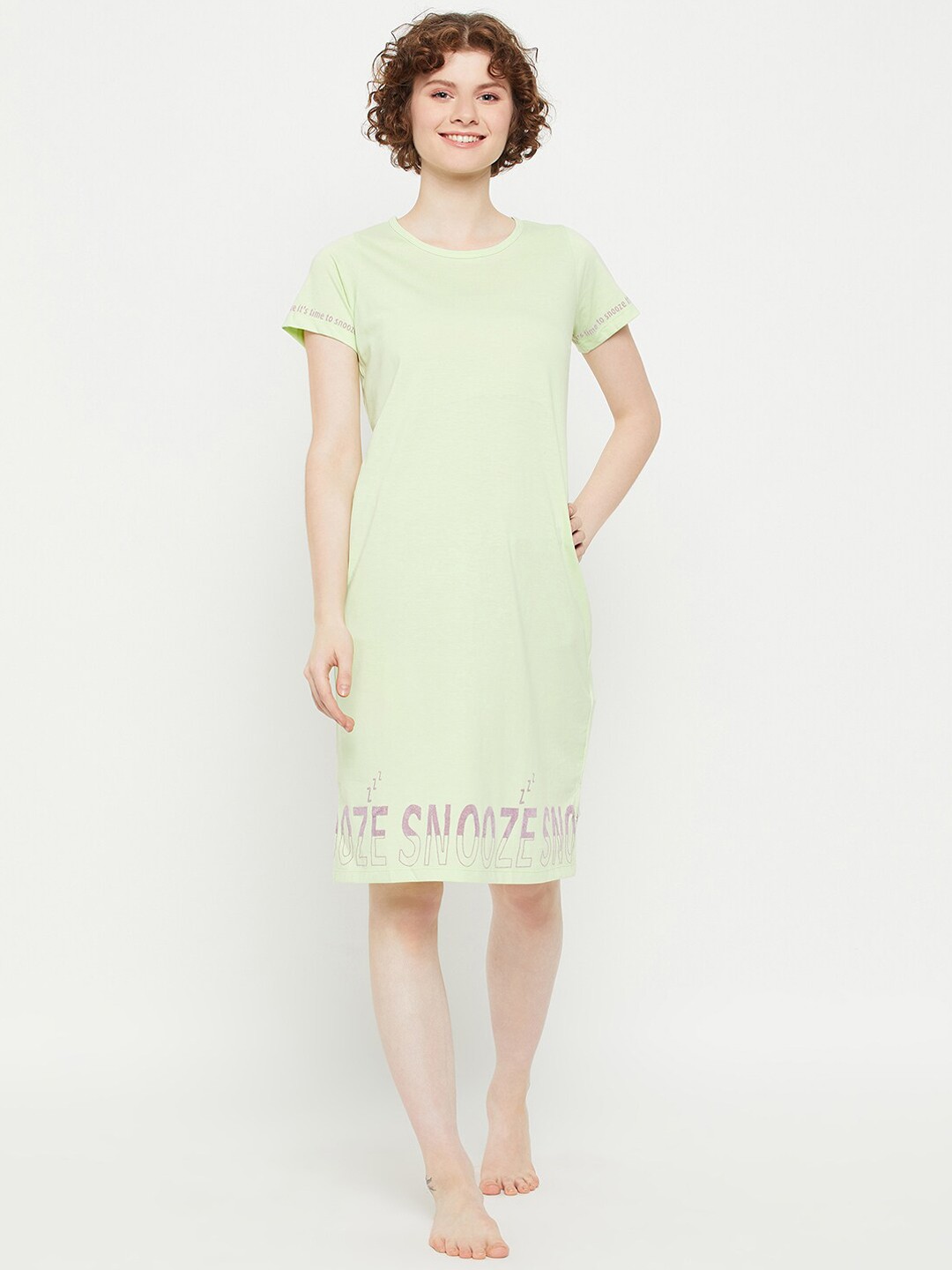 

MADAME M SECRET Typography Printed Pure Cotton T-shirt Nightdress, Lime green