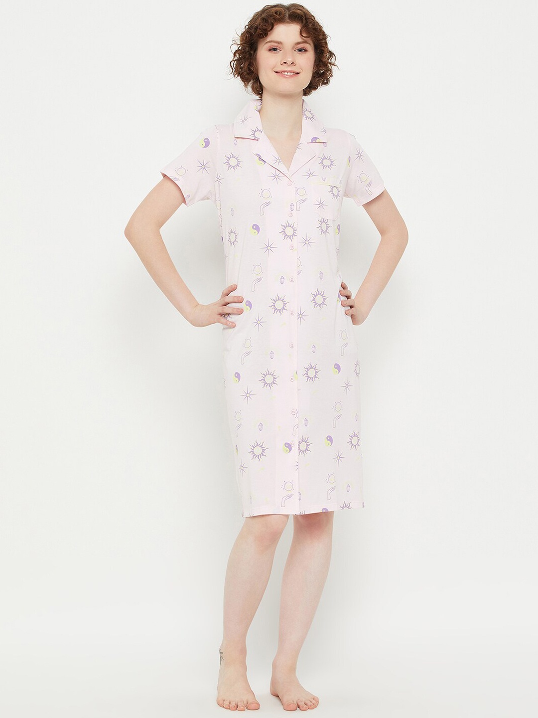 

MADAME M SECRET Printed Knee Length Nightdress, Pink