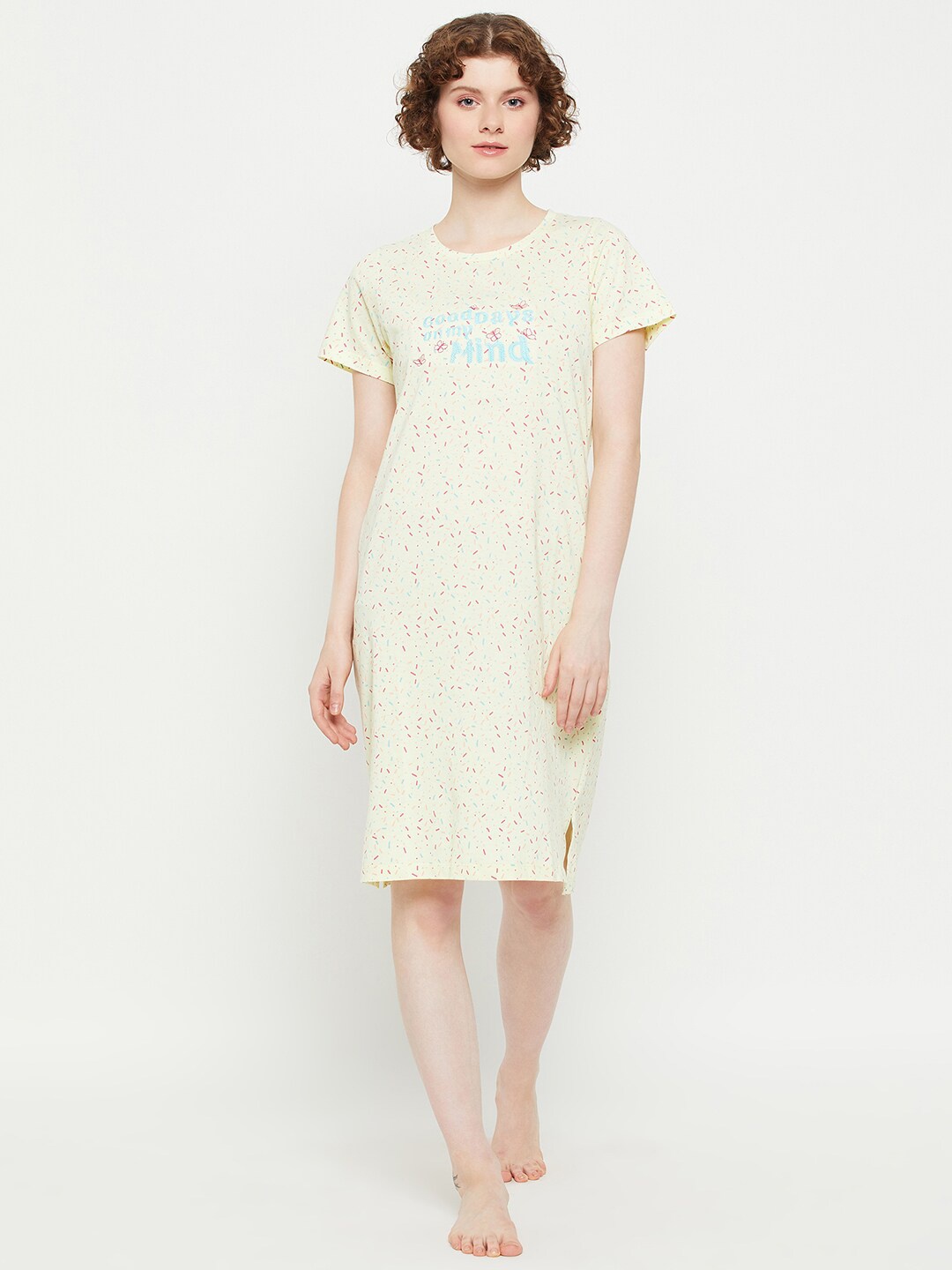 

MADAME M SECRET Typography Printed T-shirt Nightdress, Yellow