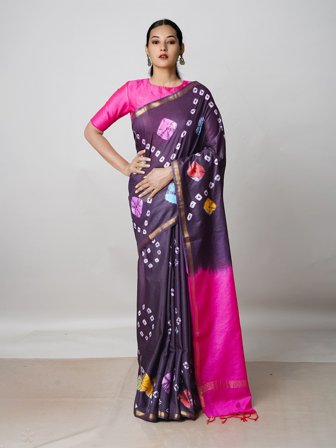 

Unnati Silks Bandhani Printed Zari Silk Cotton Chanderi Saree, Purple