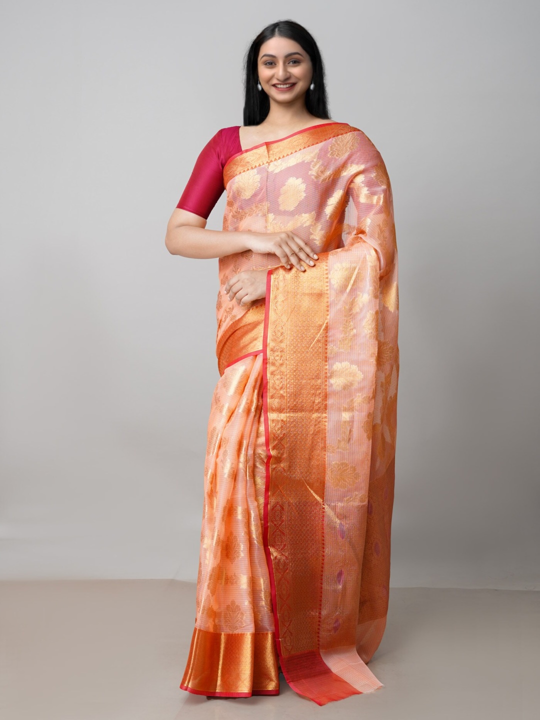 

Unnati Silks Woven Design Zari Banarasi Pure Cotton Kota Saree, Orange