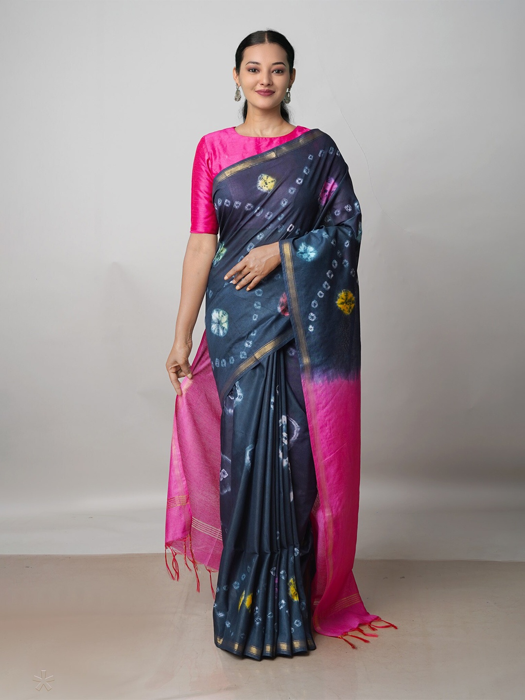 

Unnati Silks Bandhani Zari Silk Cotton Chanderi Saree, Grey