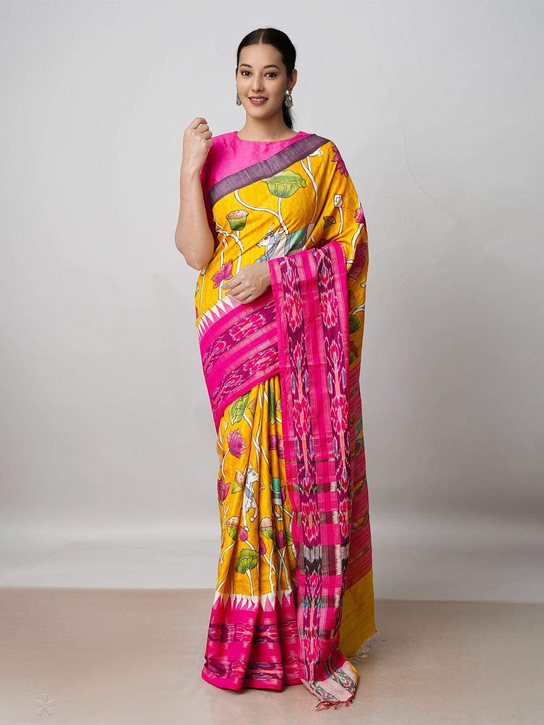 

Unnati Silks Kalamkari Printed Jute Silk Tussar Saree, Yellow