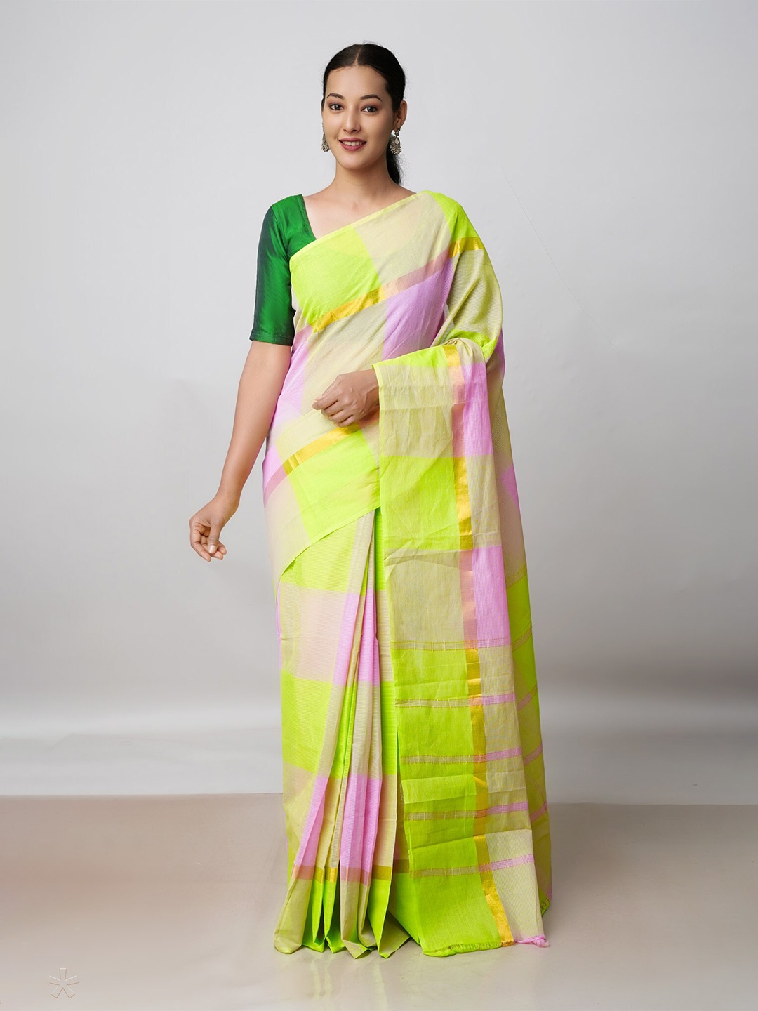 

Unnati Silks Checked Zari Pure Cotton Mangalagiri Saree, Green