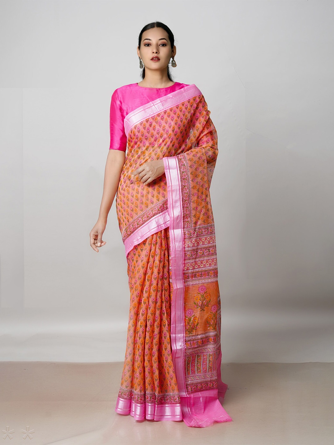 

Unnati Silks Ethnic Motifs Printed Zari Pure Cotton Kota Saree, Pink