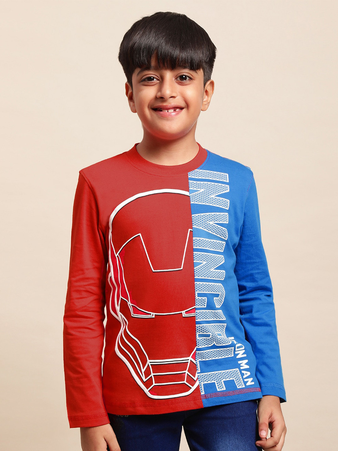 Kids Ville Boys Iron Man Printed Pure Cotton Full Sleeves Tshirt, Multi