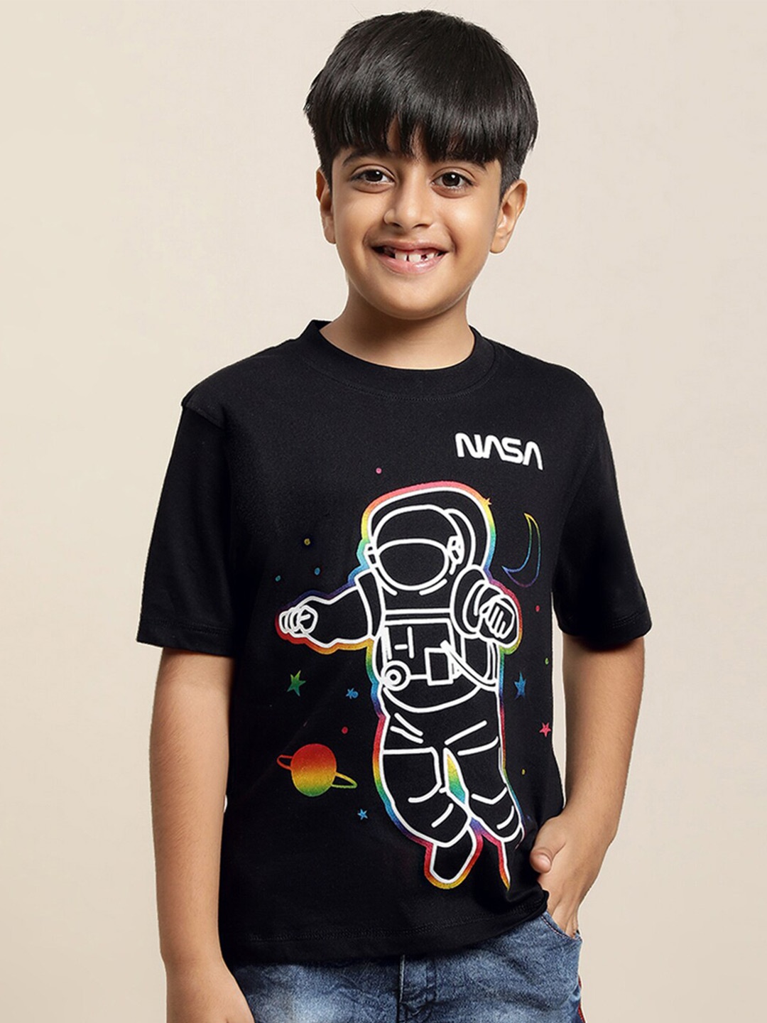 

Kids Ville Boys Nasa Printed Pure Cotton Half Sleeves Tshirts, Black