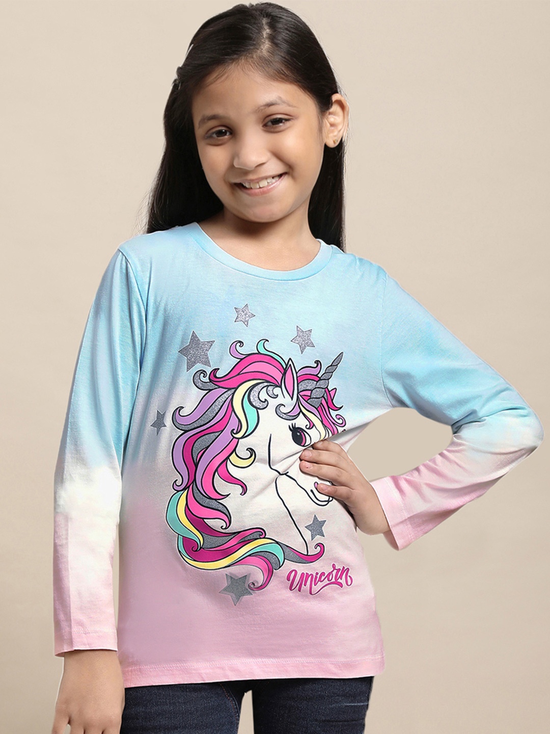 Kids Ville Girls Unicorn Printed Pure Cotton Tshirt, Multi