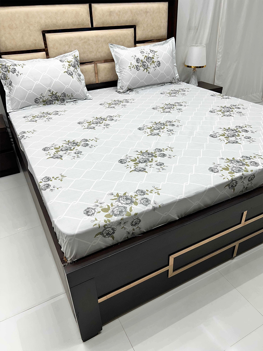 

Pure Decor Villa White & Grey Floral Cotton 330 TC King Bedsheet & 2 Pillow Covers