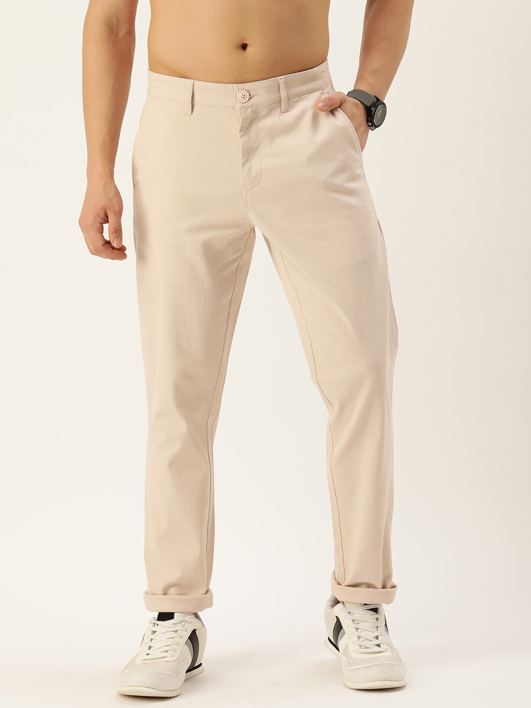 

Harvard Men Classic Solid Mid-Rise Slim Fit Chinos, Beige