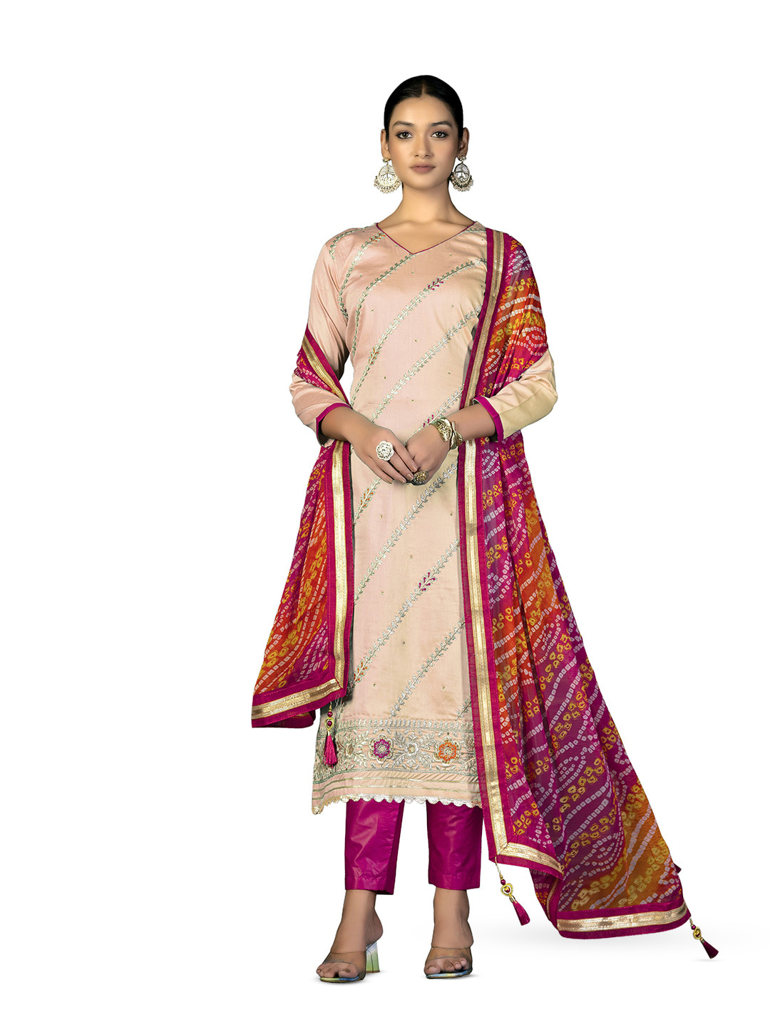 

MANVAA Floral Embroidered Unstitched Dress Material, Beige