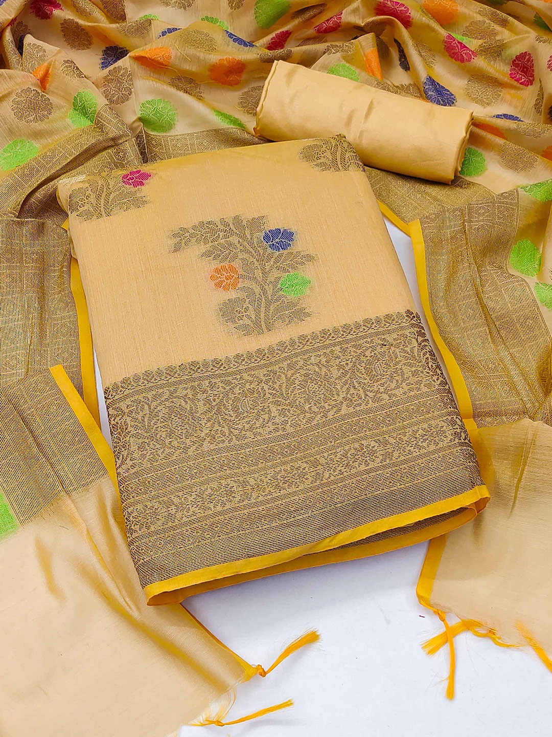 

MANVAA Floral Woven Design Unstitched Dress Material, Beige